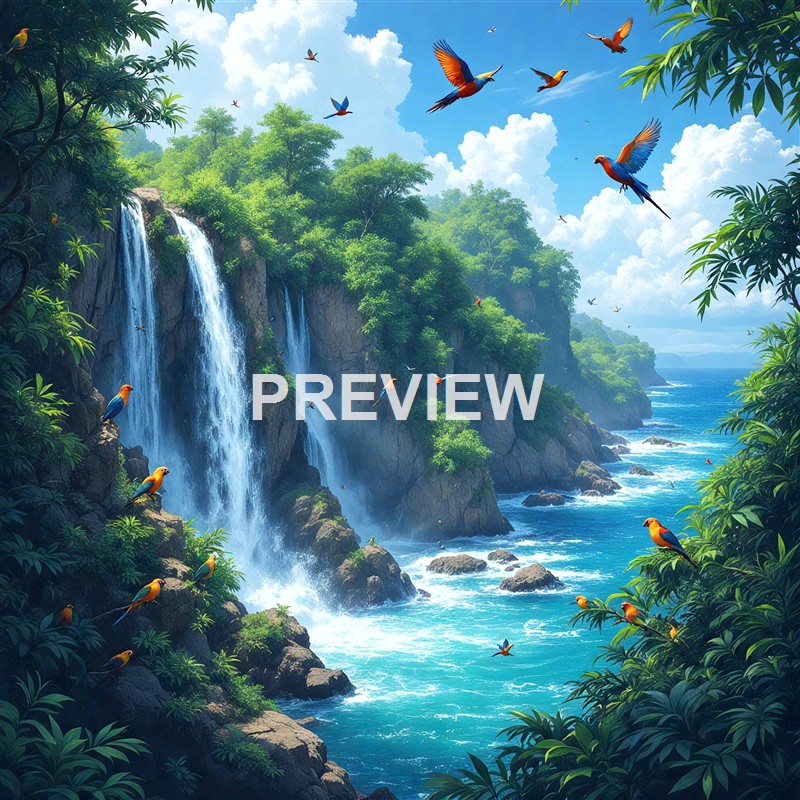 A vibrant and lush coastal scene featuring a waterfall cascading down rocky cliffs into the ocean, surrounded by dense green foliage, with numerous colorful birds flying and perched throughout the landscape under a bright blue sky with white clouds.